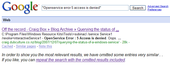 OpenService Error 5 Access is Denied - Google results